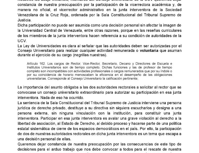 Pronunciamiento de representantes profesorales de la UCV sobre la participación de autoridades rectorales en la junta interventora de la Sociedad Venezolana de la Cruz Roja